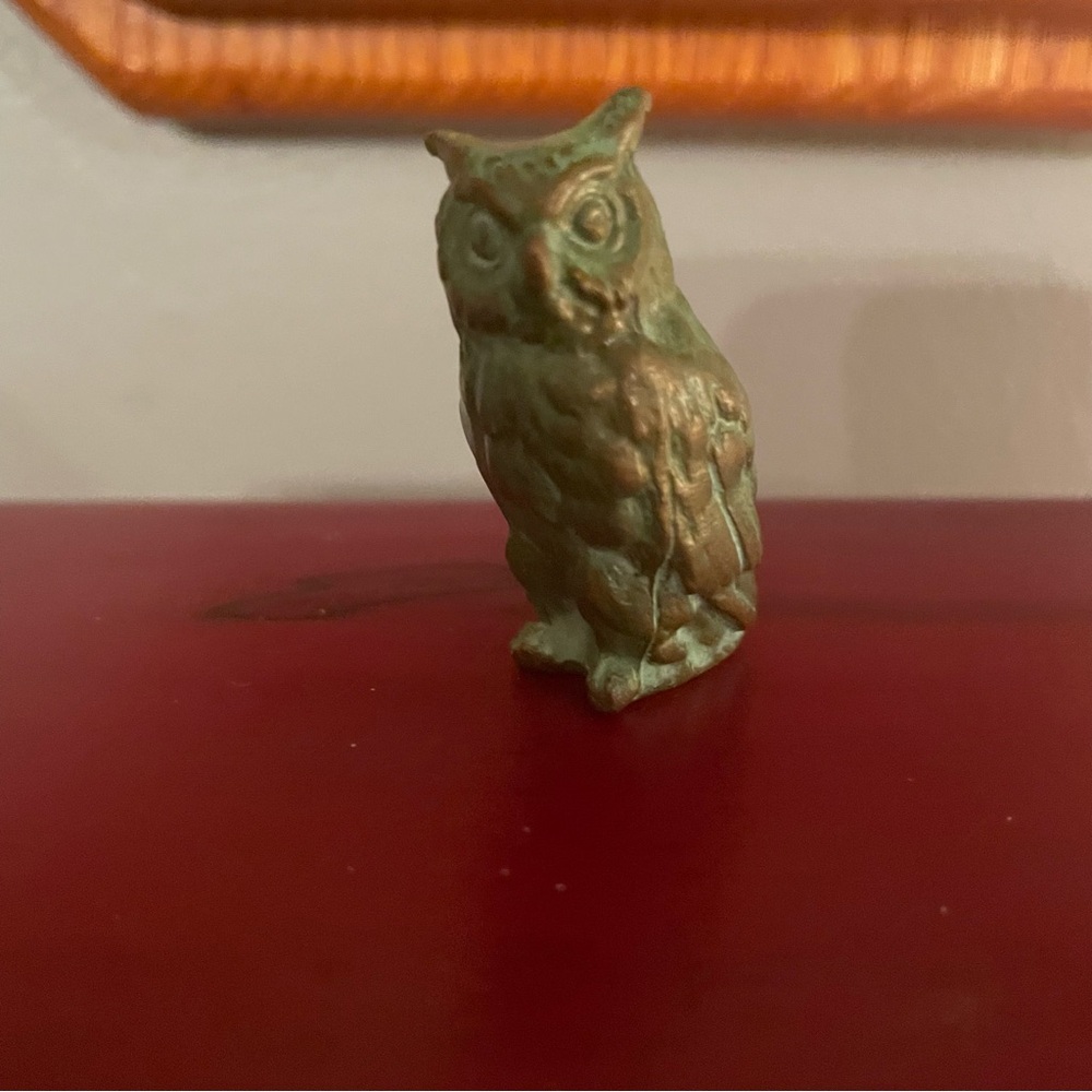 Solid Brass Owl Trinket  - 2 inch Green Patina Home Decor